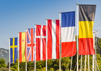 Flags of some of the Member States, including the United Kindgom, of the European Union against a...