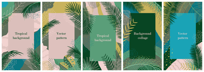 Set of templates for social network stories. Vertical background with space for text. Wallpaper with tropical leaves, palm branches and abstract elements. Summer landscape, greeting card, cover design