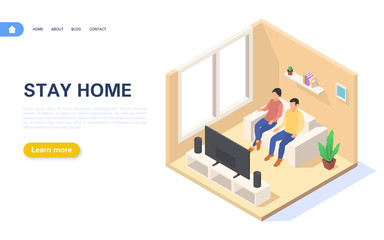 Obraz premium Banner concept stay home. A young couple is at home in self-isolation or quarantine. Compliance with recommendations to prevent the spread of coronavirus.