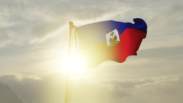 Flag of Haiti Waving in the wind, Sky and Sun Background, Slow Motion, Realistic Animation, 4K UHD 60 FPS Slow-Motion