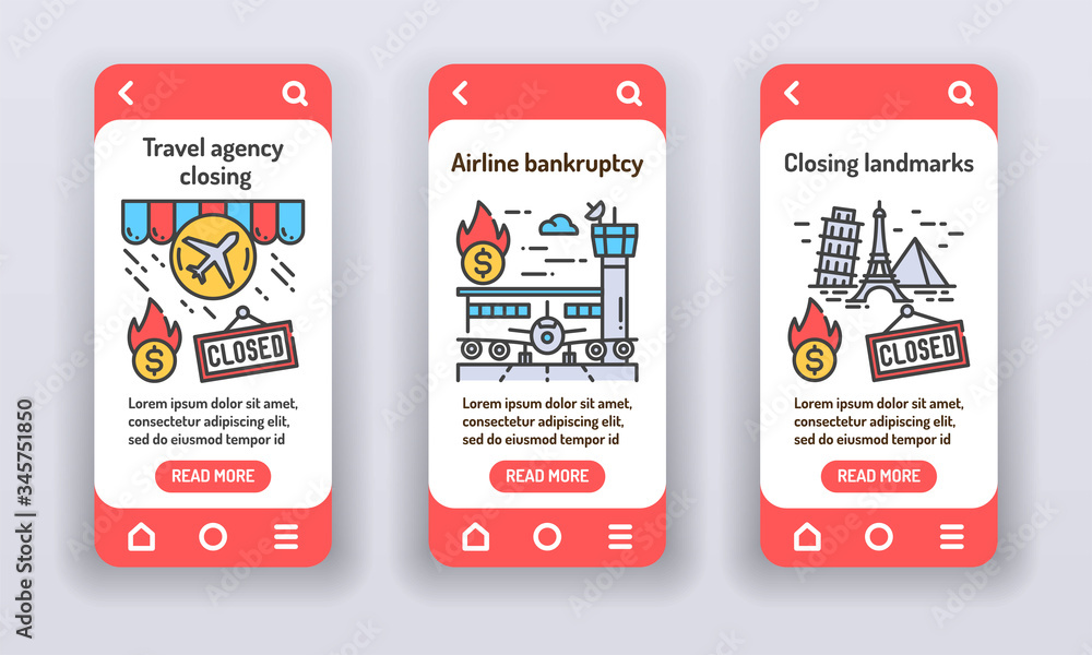 Poster collapse tourism on mobile app onboarding screens. markets plunging. economic crisis. banners for we