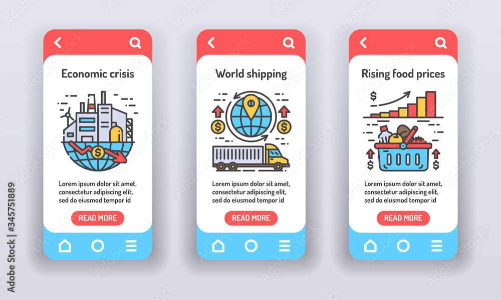 Poster economic crisis on mobile app onboarding screens. markets plunging. rising prices on import and expo