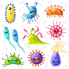 Bacteria, microbes, cute germs and viruses isolated cartoon characters with funny faces set.Smiling pathogen microbe monsters, bacteries and viruses with big eyes and teeth. Vector Illustration