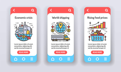 Economic crisis on mobile app onboarding screens. Markets plunging. Rising prices on import and export. Banners for website on red background and mobile kit development. UI UX GUI template.