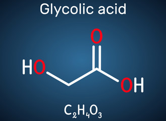 Glycolic acid, hydroacetic or hydroxyacetic acid, C2H4O3 molecule. It is alpha-hydroxy acid, AHA.  Structural chemical formula on the dark blue background