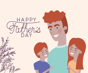 Happy fathers day text man son daughter cartoon and leaves vector design
