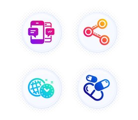Time management, Share and Smartphone sms icons simple set. Button with halftone dots. Capsule pill sign. World clock, Follow network, Mobile messages. Medicine drugs. Business set. Vector