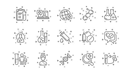 Drug testing, scientific discovery and disease prevention icons. Medical healthcare, doctor line icons. Chemical formula, chemistry testing lab. Linear set. Geometric elements. Vector