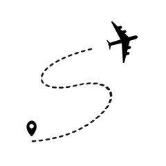 Plane path with start point and dashed route. Black object isolated on white background. Vector illustration.