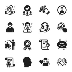 Set of People icons, such as Man love, Smile chat. Certificate, approved group, save planet. Touchscreen gesture, Strategy, Engineer. Head, Report, Human resources. Vector