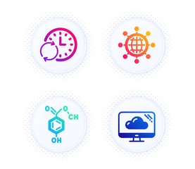 International globe, Update time and Chemical formula icons simple set. Button with halftone dots. Cloud storage sign. World networking, Refresh clock, Chemistry. Computer. Science set. Vector
