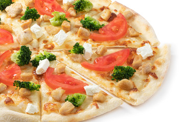 Pizza with chicken, broccoli and feta cheese isolated on white background