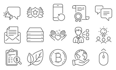Set of Business icons, such as Mail correspondence, Servers. Diploma, ideas, save planet. Laureate, Hold heart, Megaphone. Dots message, Bitcoin, Third party. Leaf, Recovery phone, Swipe up. Vector