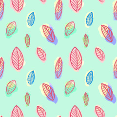 seamless Botanical leaf pattern on a blue background.Beautiful Botanical illustration of leaves.Botanical illustration.