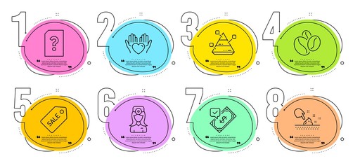 Oculist doctor, Sale ticket and Accepted payment signs. Timeline steps infographic. Coffee beans, Hold heart and Unknown file line icons set. Pyramid chart, Skin moisture symbols. Vector