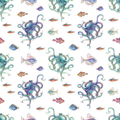 seamless pattern - octopus and tropical fish