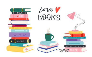 Cartoon reading set of hadrdrawn books. Vector illustration for reading lovers with open books, piles, colorful covers, in a stack, in a group, closed for web, library, store, study.