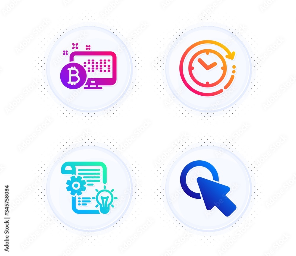 Poster bitcoin system, cogwheel and time change icons simple set. button with halftone dots. click here sig