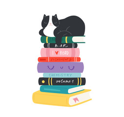 Cartoon hand drawn cozy Illustration of books and cats with calligraphy text. Lettering  quotes and drawing object for read lovers on white background. Reading motivation for design, cards, posters