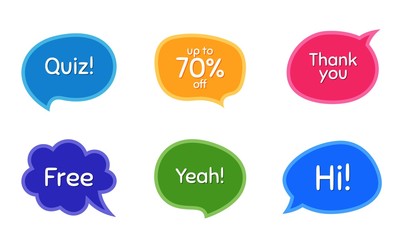 Quiz, 70% discount and free. Colorful chat bubbles. Thank you phrase. Sale shopping text. Chat messages with phrases. Texting thought bubbles. Vector