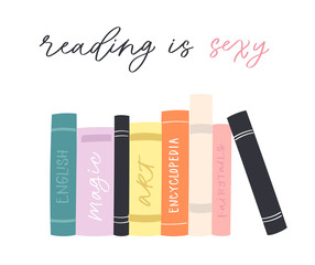 Cartoon hand drawn vector Illustration of books with calligraphy text. Lettering  quotes and drawing object for read lovers isolated on white background. Reading motivation for design, cards, posters