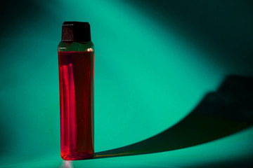 white bottle with cream, shampoo for hair, shower gel, colored background, beautiful studio light, beauty and youth of the human body