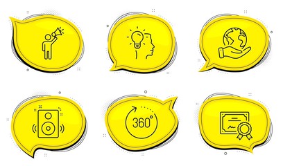 Idea sign. Diploma certificate, save planet chat bubbles. Brand ambassador, 360 degrees and Speakers line icons set. Megaphone, Panoramic view, Sound. Professional job. Technology set. Vector