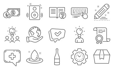 Set of Business icons, such as Brand contract, Time management. Diploma, ideas, save planet. Medical chat, Champagne bottle, Computer keyboard. Education, Speakers, Dollar money. Vector