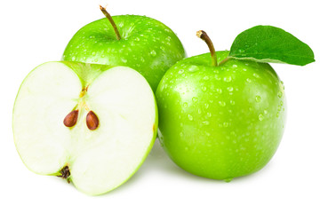 green apples with slices and green leaves isolated on white background