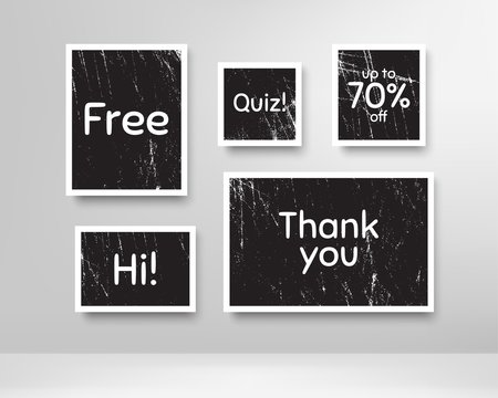 Quiz, 70% discount and free. Black photo frames with scratches. Thank you phrase. Sale shopping text. Grunge photo frames. Images on wall, retro memory album. Realistic photograph card. Vector