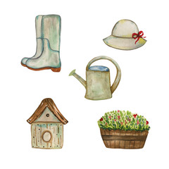 2йцфуывафWatercolor illustration of rubber boots, birdhouse, watering can, garden pot with flowers, hat. Hand-drawn with watercolors and is suitable for all types of design and printing.