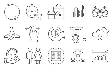 Set of Business icons, such as Cpu processor, Restroom. Diploma, ideas, save planet. Touchscreen gesture, Laureate medal, Quick tips. Shopping, Slow fashion, Rainy weather. Vector