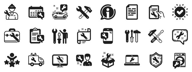 Set of Hammer, Screwdriver and Spanner tool icons. Repair car service icons. Recovery, Washing machine repair, Car service. Engineer tool, Tech support. Spanner equipment, screwdriver. Vector