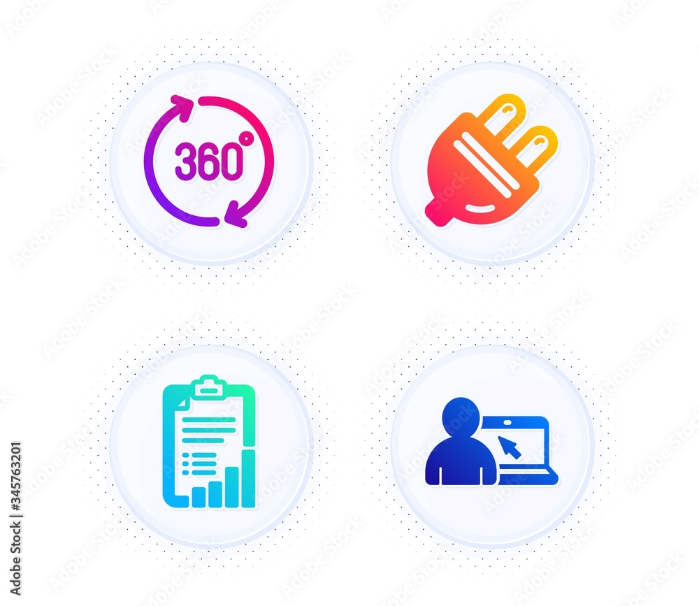 Poster electric plug, 360 degrees and checklist icons simple set. button with halftone dots. online educati