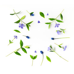 Naklejka na ściany i meble Square floral frame made of blue muscari flowers and periwinkles. Flat lay, top view, isolated..