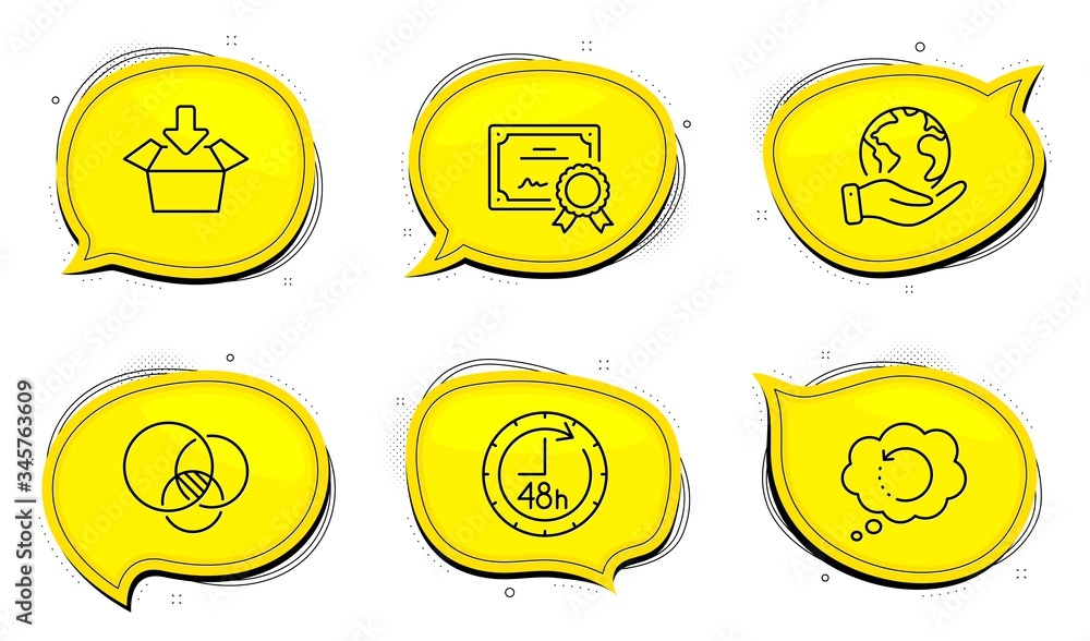 Poster 48 hours sign. diploma certificate, save planet chat bubbles. recovery data, get box and euler diagr