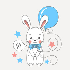 Cute rabbit boy with balloon, bow tie. Cartoon vector illustration