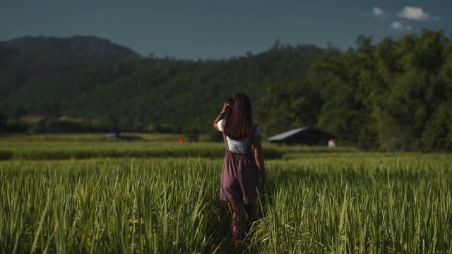 Happy girl walking among rice field landscape in mountain valley bright sunny day