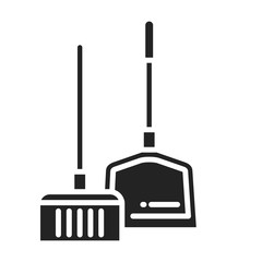 Scoop and broom black glyph icon. Clean the floor. Cleaning service. Pictogram for web page, mobile app, promo.