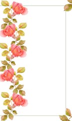 Watercolor hand painted frame with green leaves and roses. Frame for wedding invitations, save .date or greeting cards.