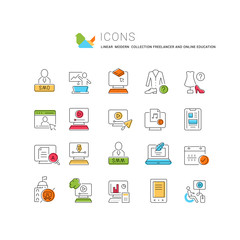 Set Vector Line Icons of Freelancer and Online Education.