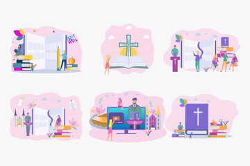 Fototapeta premium Set illustrations. The pastor conducts online service to God. Online sermon system, the concept of studying the word of God. Personal blog of a pastor or priest. Colorful vector illustration.