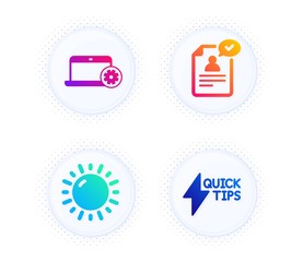 Notebook service, Resume document and Sunny weather icons simple set. Button with halftone dots. Quickstart guide sign. Computer repair, Application, Sun. Lightning symbol. Science set. Vector