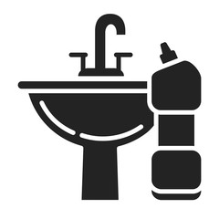 Washbasin and detergent black glyph icon. Bathroom cleaning. Pictogram for web page, mobile app, promo.