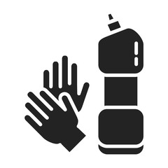 Gloves and detergent black glyph icon. Cleaning service. Pictogram for web page, mobile app, promo.