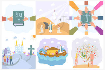 Set illustrations. Ascension of Jesus Christ. The Sacrifice of the Messiah for the Atonement of Mankind. Learn the word of God. Bible story design concept. Colorful vector illustration.