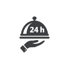 Twenty four hours service or non stop food delivery. Dish cap, meal cover or tray server and a hand with 24 h black isolated vector icon.