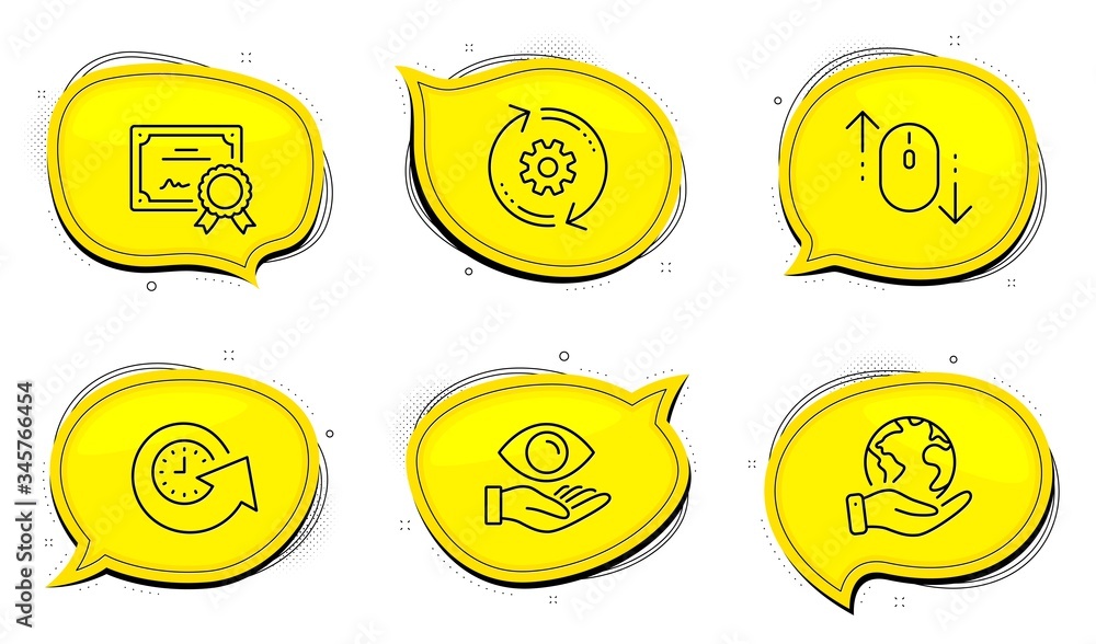 Poster Scroll down sign. Diploma certificate, save planet chat bubbles. Health eye, Update time and Cogwheel line icons set. Optometry, Refresh watch, Engineering tool. Mouse swipe. Business set. Vector