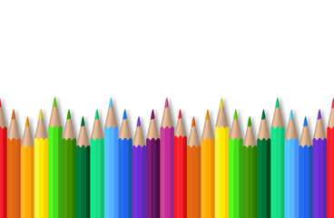 Seamless color pencils on white background. Red, blue, green, yellow wooden pencil for school education. Drawing tool collection for artwork. Realistic set pencils for kindergarten. vector