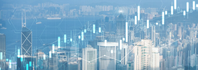 Stock trading, investment, candle stock market chart diagram website header banner city view skyline.